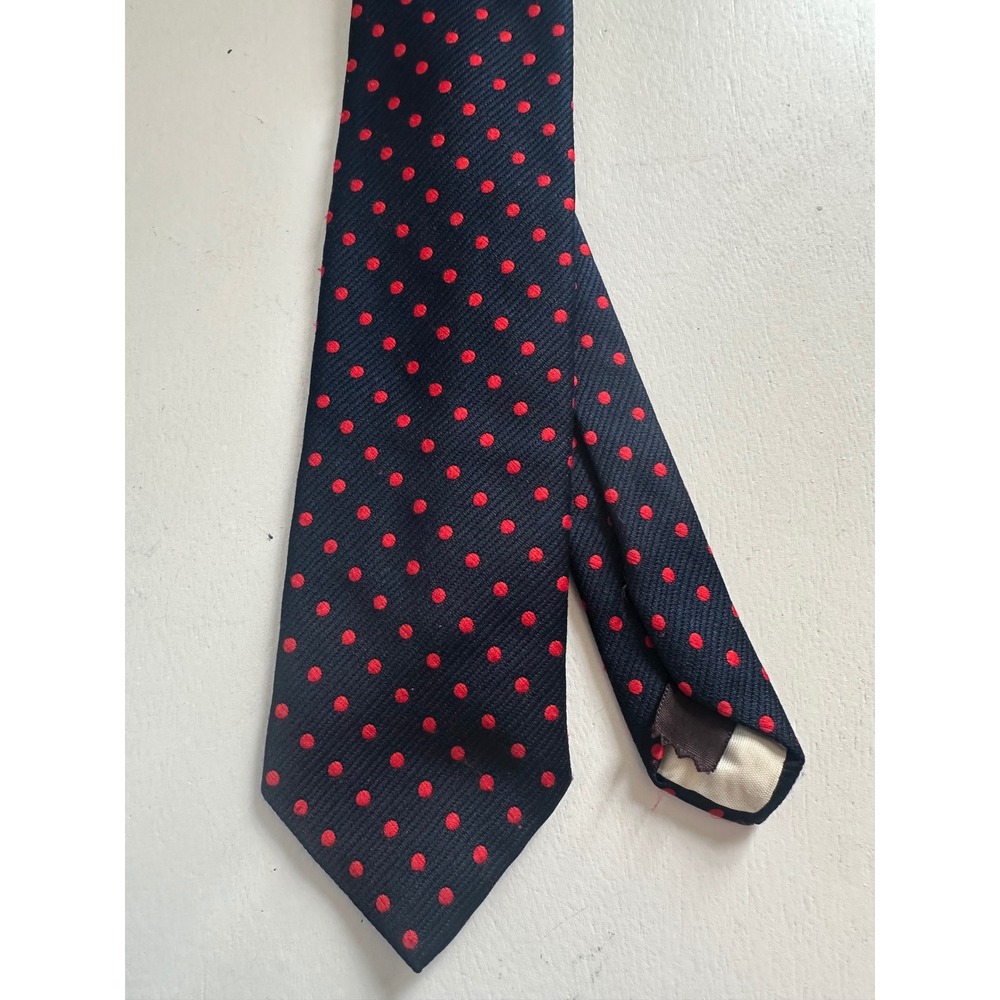 Lucien Piccard Vintage Mens Silk Tie Navy Blue Red Polka Dot Pattern Necktie